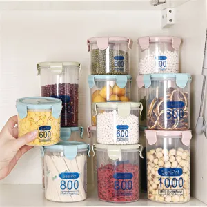 Transparent plastic food storage jars with airtight lids for kitchen pantry grain organization