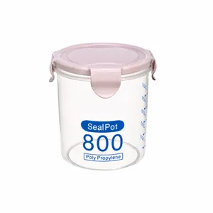 Transparent plastic food storage jar with pink lid, 800ml kitchen container for dry goods.