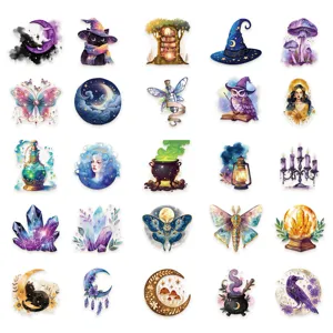 Magical watercolor stickers set featuring cute cats, crystals and celestial moon designs for DIY.
