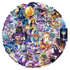Magical fantasy sticker pack featuring cute crystal balls, potions, and wizard books for decor.