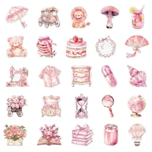 Cute pink watercolor transparent stickers set for journaling, DIY phone cases and water cups