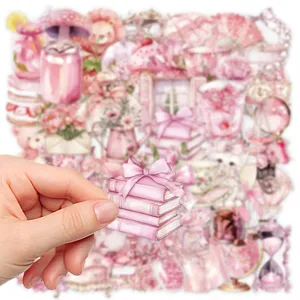 Pink watercolor transparent PET decorative stickers set, cute journaling sticker pack detail.