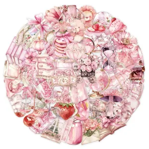 Pink watercolor transparent PET stickers set, cute circle collage for DIY journal and phone case.