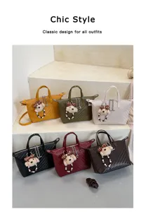 Woven dumpling handbag for women chic style classic design casual crossbody shoulder bag with cute bear charm