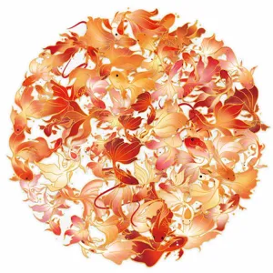 Detail view of a circular gold fish sticker graphic featuring traditional red and golden design.