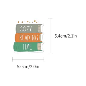 Detail view of the cozy reading books cartoon sticker, showing clear dimensions and design.