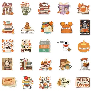 Bookish fall cartoon stickers set featuring cozy autumn, books, and coffee illustrations for laptops.
