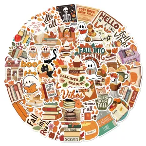 50pcs Bookish Fall stickers set, cute autumn reading laptop and suitcase waterproof decals.