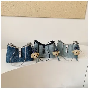 Chique denim okseltas schoudertas voor dames, trendy crossbody tas met strass.
