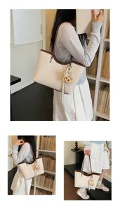 Schicke minimalistische große Damentasche, elegante Umhängetasche mit braunem Rand.