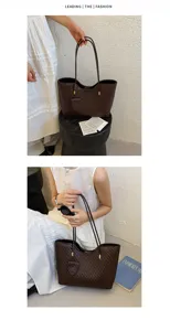 Borsa shopper intrecciata marrone da donna, elegante borsa a spalla con doppi manici, moda autunnale.