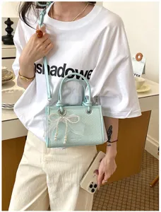 Vrouwen mode kleine vierkante schoudertas stijlvolle mintgroene handtas met parel strik detail