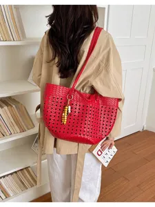 Red woven cutout shoulder tote bag for women, large capacity retro autumn fashion commuter bag