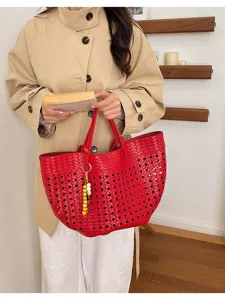 Women red woven cutout tote bag large capacity retro shoulder bag for autumn commute fashion stylish