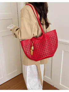 Red woven cut-out tote bag for women, large capacity shoulder bag for daily casual commute.