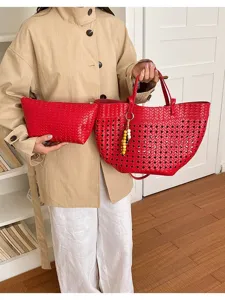 Red woven cutout tote bag and pouch set, vintage fashion large capacity shoulder bag for women.