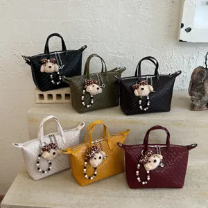 Women Woven PU Leather Dumpling Bag Fashion Solid Color Handbag Chic Top Handle Crossbody Shoulder Bag Casual Commute Tote Messenger Purse