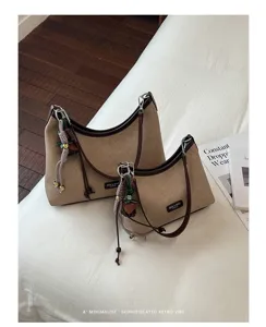 Retro canvas shoulder bag casual tote vintage style minimalist chic handbag for women autumn