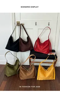 Suede large capacity hobo shoulder bag, casual retro versatile crossbody bucket bag details.