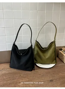 Faux suede large capacity shoulder tote bag, retro minimalist slouchy hobo bucket bag detail.