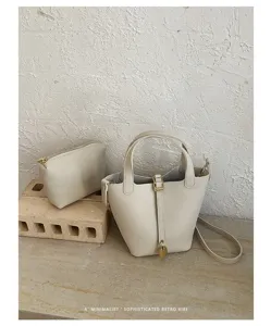 Minimalist bucket bag set for women stylish PU leather shoulder handbag with small pouch