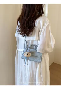 Quilted chain shoulder bag with cute bear pendant stylish chic crossbody bag for women