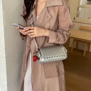 Silver woven crossbody bag for women chic shoulder handbag with cute strawberry charm