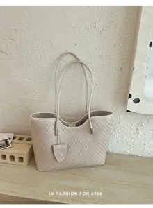 Borsa tote beige con texture intrecciata per donna, elegante borsa a spalla in pelle PU.