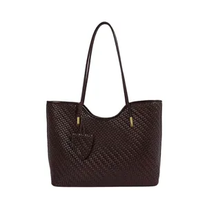 Elegante borsa tote intrecciata marrone scuro da donna, elegante borsa a spalla.