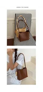 Vue détaillée du sac seau en cuir tressé, élégant sac à bandoulière avec breloque de perles.