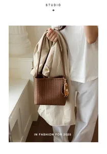 Femme Sac Seau Tressé en Cuir Marron Élégant Sac Bandoulière Mode Automne Neuf