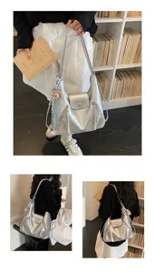 Women silver metallic shoulder bag multi-functional large capacity casual commuter backpack tote.