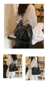 Detail view of women's multi-functional black backpack, versatile shoulder tote bag for daily commute.