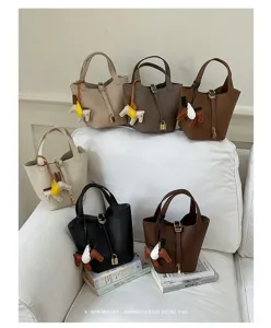Minimalist leather bucket bag for women retro stylish handbag casual shoulder tote bag