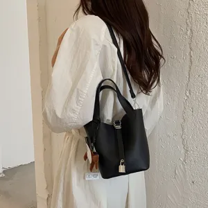 Black leather bucket bag women stylish handbag shoulder crossbody bag casual daily use main view