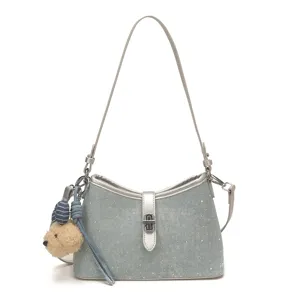 Chique denim strass onderarm schoudertas voor dames, stijlvolle trendy crossbody tas.
