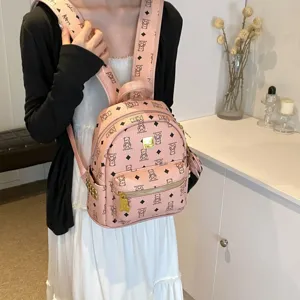 Zaino rosa con monogramma e orsetto da donna, borsa casual carina con grande capacità da viaggio.