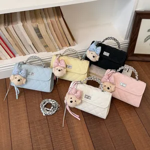 Fashion Women Diamond Lattice Shoulder Bag PU Leather Top Handle Crossbody Bag Chain Small Square Bag With Doll Charm