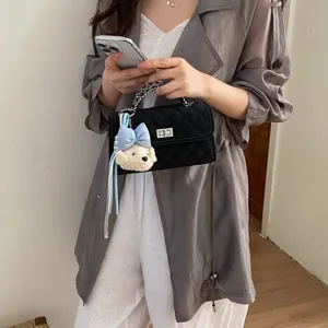 Women quilted chain handbag with cute puppy charm elegant black shoulder crossbody bag