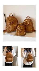 Zaino da donna elegante marrone con ciondolo orsetto carino, borsa da viaggio casual per lavoro.
