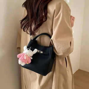 Black litchi grain commuter bucket bag for women minimalist shoulder crossbody handbag