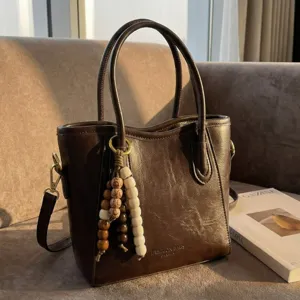 Brown retro women handbag tote bag PU leather crossbody bag with wooden bead pendant autumn
