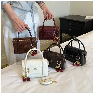 Women crocodile pattern handbag stylish crossbody bag with cute cherry charm small square bag