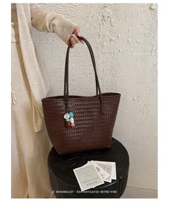 Borsa shopper in pelle intrecciata marrone da donna, grande capacita borsa a spalla retro chic.