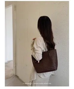 Borsa a spalla intrecciata marrone da donna borsa shopper grande capacita stile retro chic