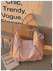 Borsa a tracolla in pelle PU rosa da donna, grande shopper elegante con tasche con zip utili.