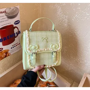 Chic green plaid bowknot crossbody backpack, stylish casual shoulder bag for women daily use.