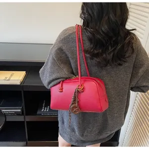 Red bowling shoulder bag for women, vintage style PU leather handbag with double straps.
