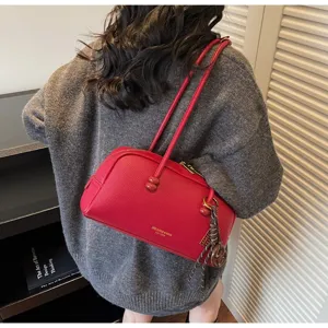 Classic red bowling shoulder bag for women, vintage style PU leather handbag with dual straps.