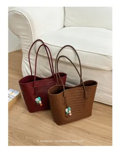 Borsa tote in pelle intrecciata retrò da donna, grande borsa a spalla per uso quotidiano.